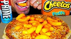 domino's extra cheese pizza cheetos puffs prime energy drink asmr mukbang no talking big bites jerry