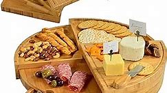 Picnic at Ascot Patented Personalized Monogrammed Engraved Bamboo Cutting Board for Cheese & Charcuterie with Knives & Cheese Markers - Stores as a Compact Wedge - Opens to 18" Diameter