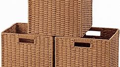 HBlife Wicker Baskets, Set of 3 Hand-Woven Paper Rope Storage Baskets, Foldable Cubby Storage Bins, Large Wicker Storage Basket for Shelves Pantry Organizing & Decor, Caramel