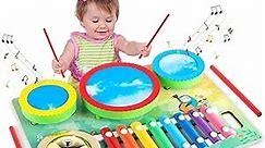 Toy Drum Set for Kids Wooden Xylophone Drum Set 5 in 1 Montessori Preschool Musical Tambourine Toys Cymbal and Washboard