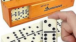Queensell Jumbo Dominoes Set for Adults and Kids – Domino Set for Classic Board Games – Jumbo Dominoes Double 6 for Travel Games – Dominos Set for Adults 28 Tiles with Brown Wood Case