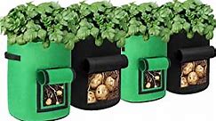 4 Pack Potato Grow Bags 10 Gallon with Flap, Easy Move,Growing Bags for Potatoes with Handles Harvest Window and Plant Label Pocket, Fabric Planters Grow Bags for Carrots, Tomatoes(Blackgreen)