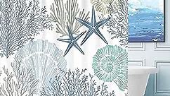 Tritard Nautical Coastal Waterproof Fabric Shower Curtain Starfish Seashell Coral Beach Themed Bath Curtain Ocean Shower Curtains for Bathroom with 12 Hooks, 72x72, Blue