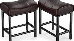 REONEY Bar Stools Set of 2, 24" Counter Height Stools, Upholstered PU Leather Saddle Stools with Metal Base, Modern Barchairs for Kitchen Island Dining Room (Brown)