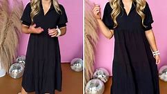 Black Smocked Cuff Short Sleeve Collared Tiered Dress
