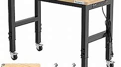 48" Adjustable Workbench,Rubber Wood Workstation with Graduated Lines,Heights from 33.5” to 41.3”,2000 LBS Load Capacity Hardwood Worktable,Heavy Duty Workbenches with Wheels and Foot Pads