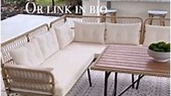 Comment link! You will not believe the price on this designer look for less patio furniture. This set includes the wicker sectional sofa, 2 stools, 1 table, and all cushions and pillows. It looks so good! Comment link for details. | Fancy Fix Decor