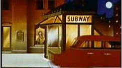 1950s ANIMATION red car driving by New York subway at night / people...