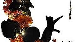 Halloween Wreaths Decor for Front Door, 13.77" Halloween Moon Wreath with Black Cat Wreath, Halloween Wreath Horror Decorations for Home Party Window Wall Indoor Outdoor (with Lights, Style 2)
