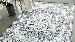 QD-Udreamy 9x12 Area Rugs - Machine Washable Rugs for Living Room, Area Rug with Non-Slip Backing, Stain Resistant Vintage Medallion Rug for Bedroom, Ultra-Thin Boho Large Area Rugs for Home Decor