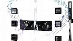 Thermostatic Shower System, 24 Inch Extra Large Full Body Shower System with Body Jets, Ceiling Mount Rain Shower Jets System In Wall, 5-Way Matte Black Rainfall Waterfall Shower System With Led Music