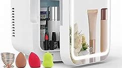 COOSEON Mini Fridge, 4 Liter/6 Can 3 LED Mirror Light Mode, Beauty Fridge with 3 Makeup Sponge Set, AC/DC Thermoelectric Cooler & Warmer Refrigerators for Skin Care, Makeup, Bedroom, Room, Car