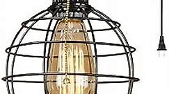 1 Light Hanging Swag Lamp with Plug in 15 Ft Cord On/Off Switch with Pull Chain- Black Industrial Vintage Cage Pendant Light (Lampshade Globe)