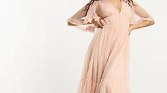Beauut Petite Bridesmaid tulle midi dress  with flutter sleeve in blush | ASOS
