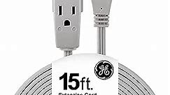 GE 3-Outlet Flat Extension Cord 15 Ft Grounded Extension Cord with Multiple Outlets 3 Prong Outlet Extender Flat Plug Power Strip Indoor Extension Cord 16 Gauge UL Listed Gray 43026