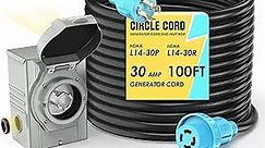 CircleCord 4 Prong 100 Feet 30 Amp Generator Extension Cord and Inlet Box with Locking Connector, Heavy Duty NEMA L14-30P/L14-30R, 125/250V 7500W 10 Gauge SJTW Generator to House Power Cord