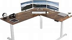VIVO Electric Height Adjustable 63 x 55 inch Corner Stand Up Desk, Rustic Vintage Brown Table Top, White Frame, L-Shaped Standing Workstation, 3CT Series, DESK-E3CTWN