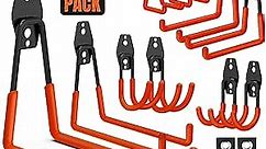 Garage Hooks, 12 Pack Wall Storage Hooks with 2 Extension Cord Storage Straps, Heavy Duty Tool Hangers for Utility Organizer, Wall Mount Holders for Garden Lawn Tools, Ladders, Bike (Orange)