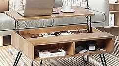 MCM Coffee Table for Living Room, Slide Top Coffee Tables, Rustic Natural Wood Veneer Coffee Table with Open Storage, Mid Century Coffee Table for Reception Home Office, Metal Legs, 30-Oak