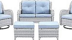 5 Piece Outdoor Patio Furniture Set - Patio Wicker Furniture Conversation Set, Outdoor Swivel Rocker Chairs with Loveseat Sofa and 2 Ottomans for Small Space, Baby Blue Cushion