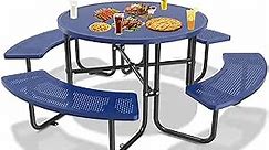 Commercial Picnic Tables with Benches, Waterproof Patio Dining Tables with Umbrella Hole, All Metal Heavy Duty Expandable Dining Table for Outdoors, School, Hospital, Blue