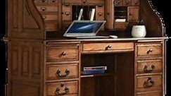 Roll Top Desk Solid Wood Deluxe Executive Oak 54Wx28Dx49H  BW Classic Home Office Organizer