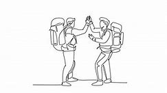 Self drawing animation of single line draw two young happy tourist carrying backpack go to holiday and gives high five gesture. Backpacker traveling concept. Continuous line draw. Full length animated