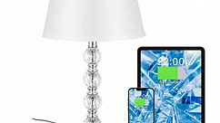 Crystal Lamp with USB Port - Touch Control Table Lamps for Bedroom 3 Way Dimmable Nightstand Bedside Lamps with White Fabric Shade, 17” Small Lamps for Living Room, Dorm, Home,Office
