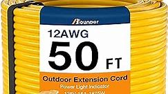 BBOUNDER Outdoor Extension Cord 50 FT Waterproof, 12/3 SJTW Heavy Duty 15A 1875W, Flexible 100% Copper 3 Prong Cords for Commercial Use and High Power Appliance, Yellow