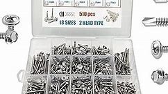 510Pcs Self Drilling Screws,410 Stainless Steel Self Tapping Screws for Metal,#8#10-1/2" to 2" Hex Washer Screws & Phillips Wafer for Metal, Wood, and Plastic