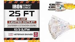 IRON FORGE CABLE 25 Foot Lighted Outdoor Extension Cord with 3 Electrical Power Outlets - 10/3 SJTW Yellow 10 Gauge Extension Cable with 3 Prong Grounded Plug for Safety, 15 AMP