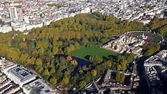 Aerial view of Buckingham Palace and the Royal gardens, Victoria and Green Park, London, UK