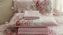 FADFAY Shabby Floral Bedding Set Queen Size Sheet Set 4 Piece Premium 100% Cotton Pink Rose Pattern :1 Deep Pocket Fitted Sheet, 1Flat Sheet, 2 Pillowcases (Standard Size)