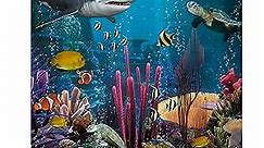 Ocean Shower Curtain Underwater World with Sea Turtle Shark Whale Goldfish Starfish Fabric Bathroom Decor Set with Hooks