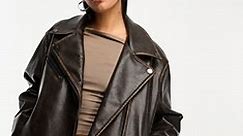 ASOS DESIGN washed faux leather biker jacket in brown | ASOS