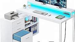 YITAHOME L Shaped Desk with Power Outlets & LED Lights & File Cabinet, 55" Corner Computer Desk with 3 Drawers and 2 Storage Shelves, Home Office Desk with Monitor Stand, White