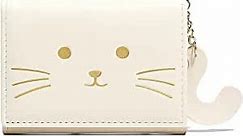 Women's Purses Cute Cat Pattern Short Wallet RFID Blocking Card Holder Fold Ladies Slim Coin Wallet Pocket Wallet Ladies Mini Purse with ID Window (White)