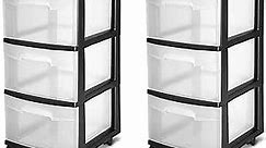 Sterilite 3 Drawer Storage Cart, Plastic Rolling Cart with Wheels to Organize Clothes in Bedroom, Closet, Black with Clear Drawers, 2-Pack