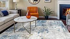 5x7 Area Rugs - Machine Washable Rugs for Living Room, Ocean Blue Modern Area Rug with Non-Slip Backing, Stain Resistant Abstract Rug for Bedroom, Ultra-Thin Large Area Rugs for Home Decor