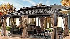 ABCCANOPY 12x20 Hardtop Gazebo - Outdoor Permanent Gazebo with Galvanized Steel Double Roof, Aluminum Pavilion with Netting and Curtain for Patio, Lawn, Garden (Double Roof, Khaki)