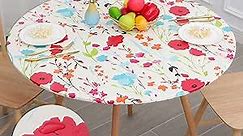 misaya Round Fitted Tablecloth with Elastic Edge, 100% Waterproof Oil Proof Plastic Table Cover, Vinyl Flannel Backed Table Cloth Fits 36"-44" Round Tables for Dinner, Outdoor, Picnic, Flowers