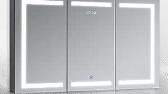DECADOM LED Mirror Medicine Cabinet Recessed or Surface, Dimmer, Clock, Room Temp Display, Dual Outlets (Duna 48x32)