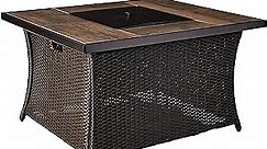 Hanover 40,000 BTU Porcelain Woodgrain Tile Square Outdoor Fire Pit Table with Easy to Operate Push-Button Ignition, Weather, UV, and Rust Resistant Backyard Fire Pit