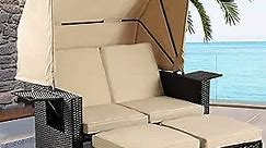 LEISU Outdoor Patio Furniture Sunbed with Retractable Canopy, PE Wicker Rattan Rectangle Sectional Sofa Set Clamshell Sectional Seating with Washable Cushions for Lawn Garden Backyard Poolside (Khaki)