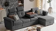 Convertible Sectional Sofa with Storage, 4 Seat L Shaped Couch with Chaise and Cup Holder, Modern Microfiber Fabric Sofas Couches for Living Room, Apartment, Office (Dark Grey)