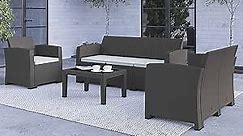 Merrick Lane Greta 4 Piece Dark Gray Faux Rattan Patio Furniture Set with Included Cushions, Chair, Sofa, Loveseat and Coffee Table