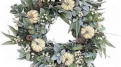 Thanksgiving Farmhouse Fall Door Wreath, Fall Harvest Autumn Wreath Handcrafted Autumn Wreath White Pumpkin and Maple Leaf Wreath Greeen Berry for Front Door Festival Decorations Outdoor Halloween