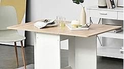 HOMCOM Four Seater Drop Leaf Folding Dining Table With Storage Shelf White And Oak Effect