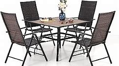 PHI VILLA 5 Piece Outdoor Patio Dining Table and Chairs Set, 1 Square Wood-Like Top Patio Dining Table and 4 Folding Patio Wicker Chairs(1.57" Umbrella Hole)