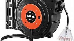 DEWENWILS Retractable Extension Cord Reel, 50 FT Heavy Duty Power Cord, 14AWG/3C SJTOW, 3 Grounded Outlets Lighted Triple Tap, 13 Amp Circuit Breaker, UL Listed